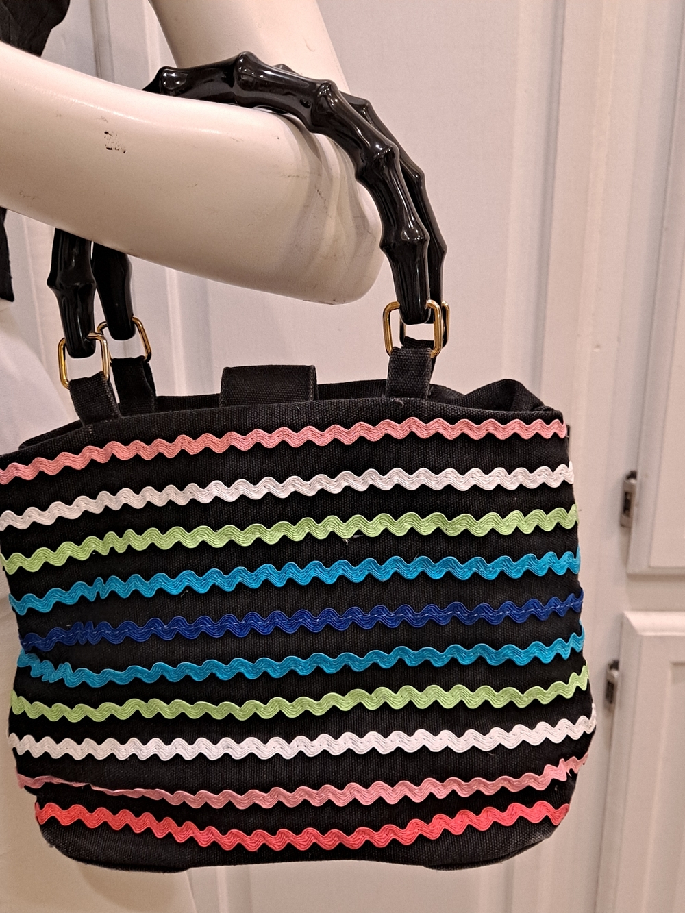 Madison Studio Vintage Black Canvas Tote w/Multicolor Ric Rac & Faux Bamboo